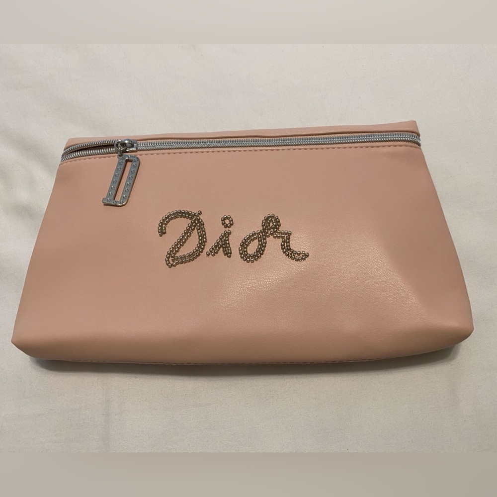 NEW Dior Blush Pink Zippered Cosmetic Pouch with Bead Design and “D” Zipper Pull